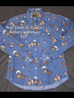 Rustler Blue Boys' Rodeo Print Western Button-Down Shirt